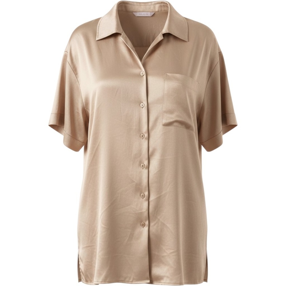Show Me Your Mumu Champagne Satin Short Sleeve Button Down Shirt Size Medium